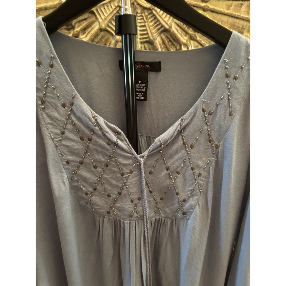 Style & Co. Embroidered Boho Blouse M – Blue Rayon Long Sleeve Peasant Top India - Picture 4 of 9